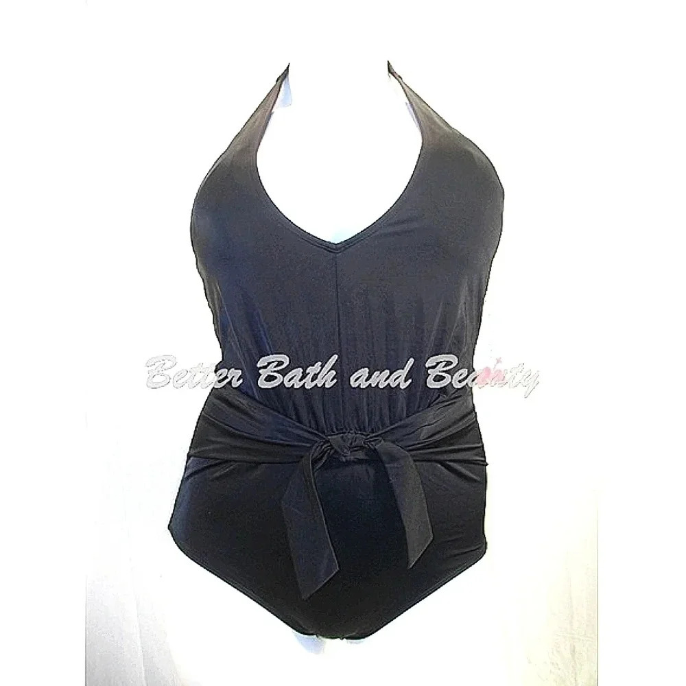 16 Tropical Escape Plus Size Halter 1PC Swim Suit Black NWT